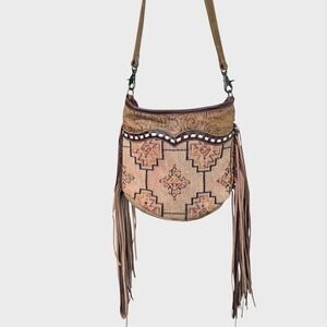 Vintage Myra Boho Tapestry Leather Long Fringe‎ Bohemian Festival Purse
